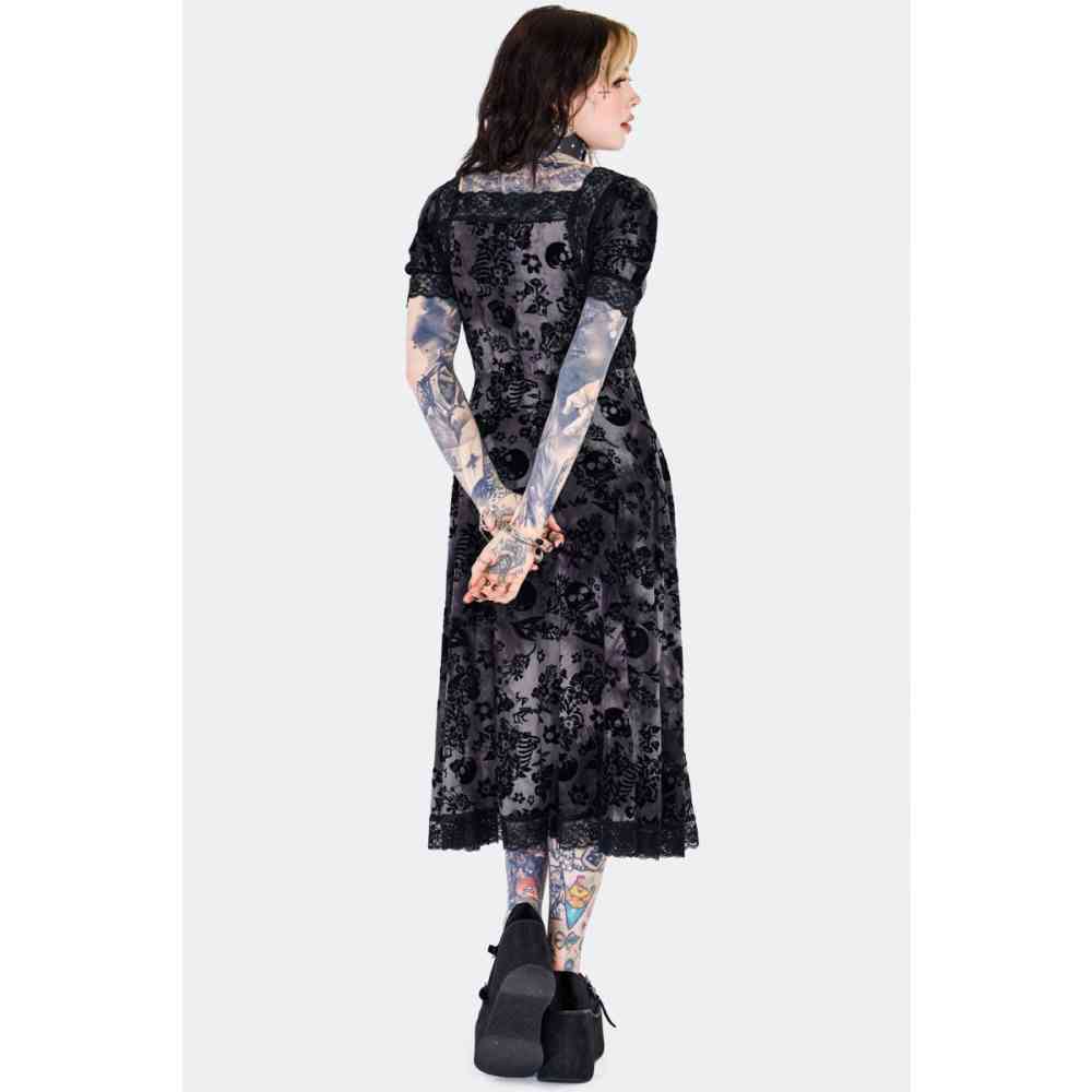 Jawbreaker - Flocked Skull Lace Trim Midi Longue robe - Gris